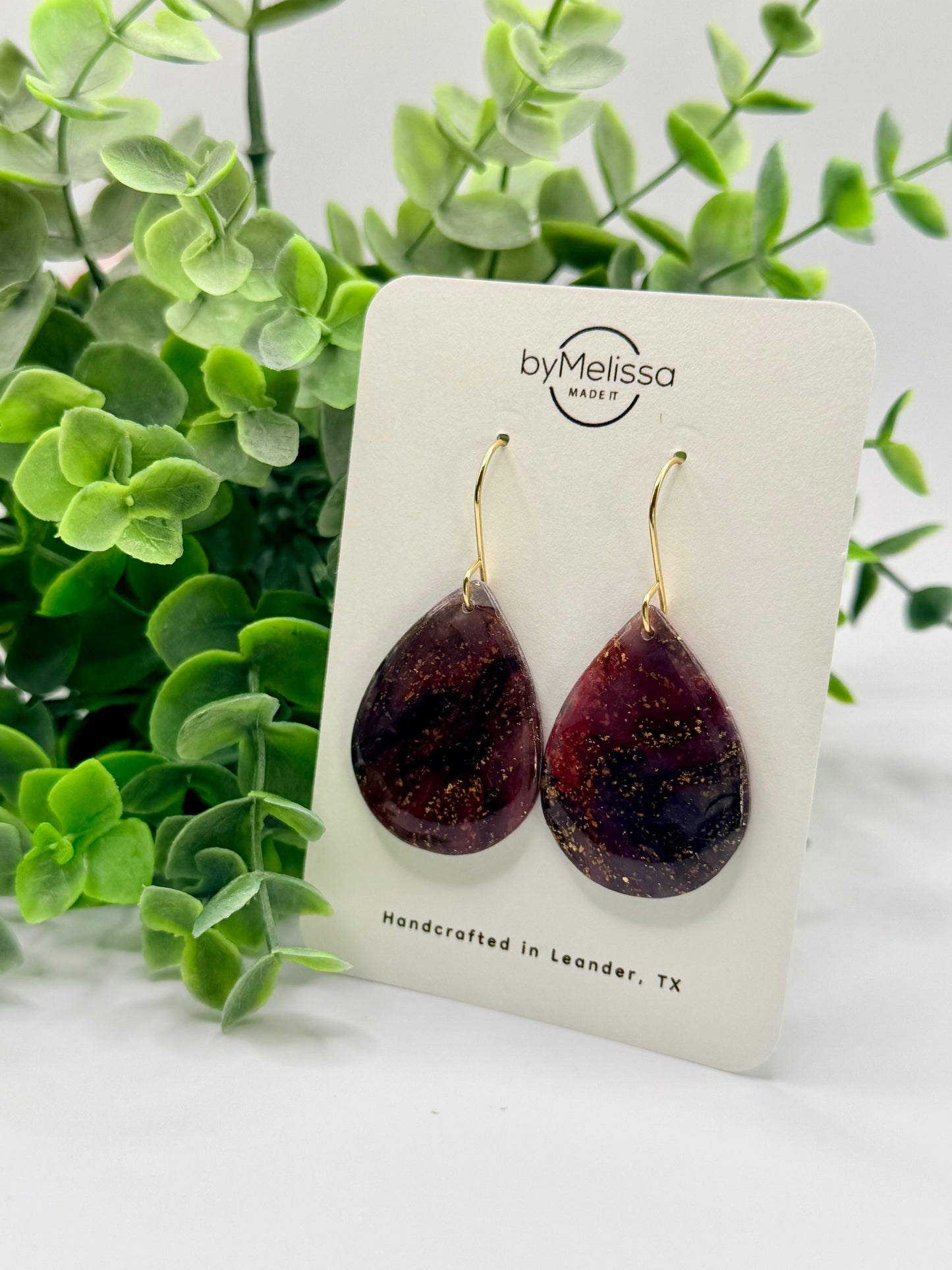 Maroon and Black Small Wide Teardrop Drop Earrings in Gold