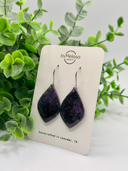 Purple and Black Small Wide Leaf Drop Earrings in Silver