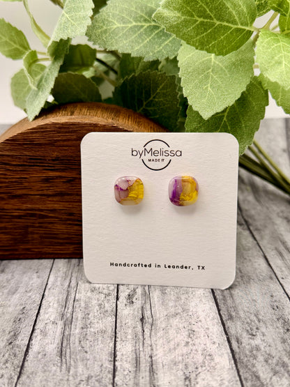 Purple and Gold Small Embedded Square Stud Earrings