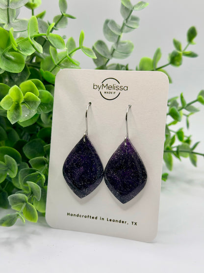 Purple and Black Small Wide Leaf Drop Earrings in Silver