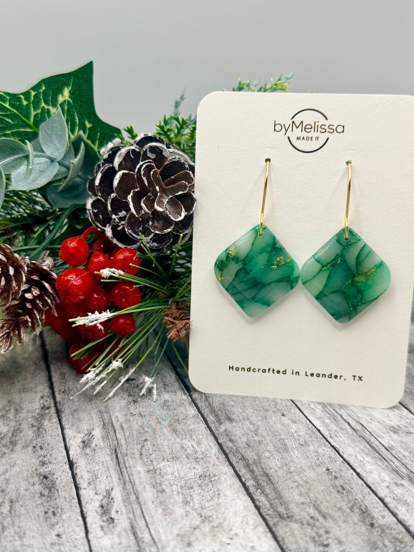 Green and Gold Small Rounded Square Drop Earrings