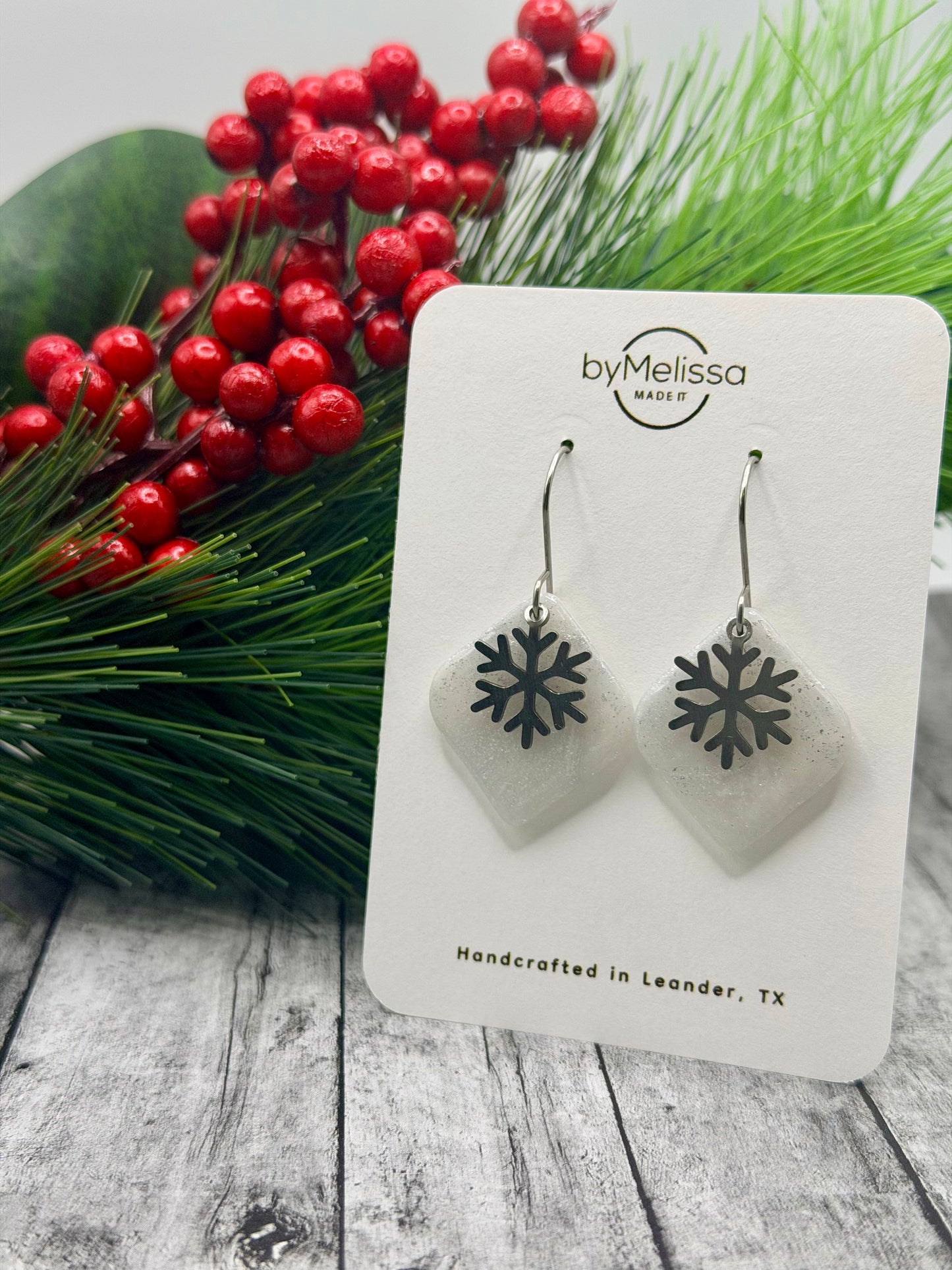 White and Silver Rounded Square Drop Earrings with Snowflake Charm