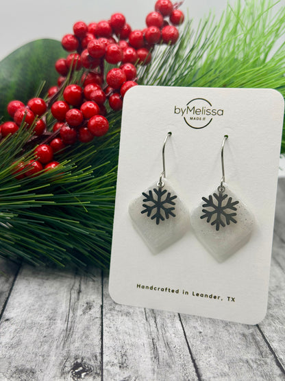 White and Silver Rounded Square Drop Earrings with Snowflake Charm