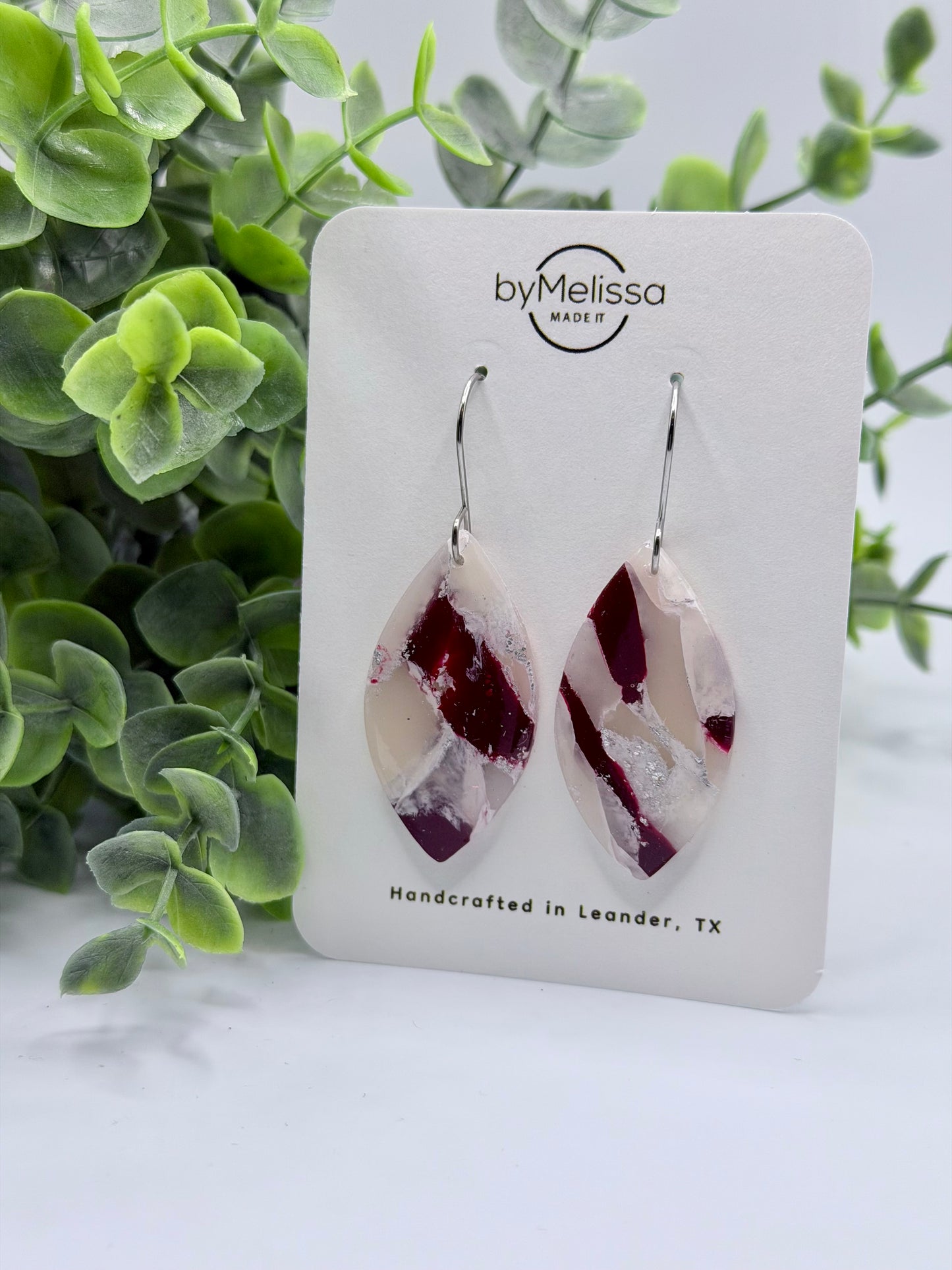 Maroon and White Traditional Leaf Drop Earrings in Silver