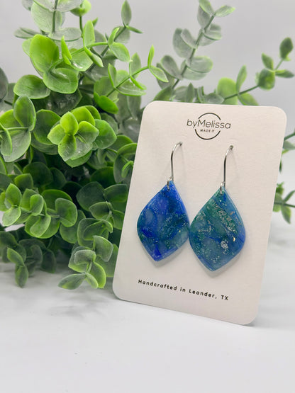 Forest Green and Blue Small Wide Leaf Drop Earrings in Silver