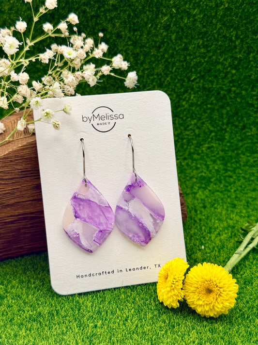 Purple and White Small Wide Leaf Drop Earrings in Silver