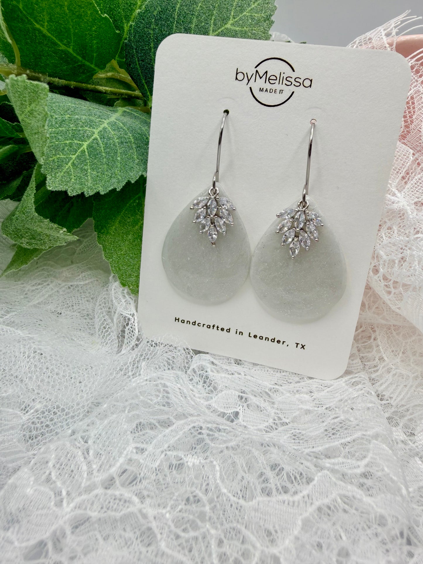 White and Silver Small Wide Teardrop Drop Earrings with Feather Charm