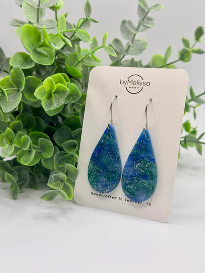 Forest Green and Blue Small Teardrop Drop Earrings in Silver