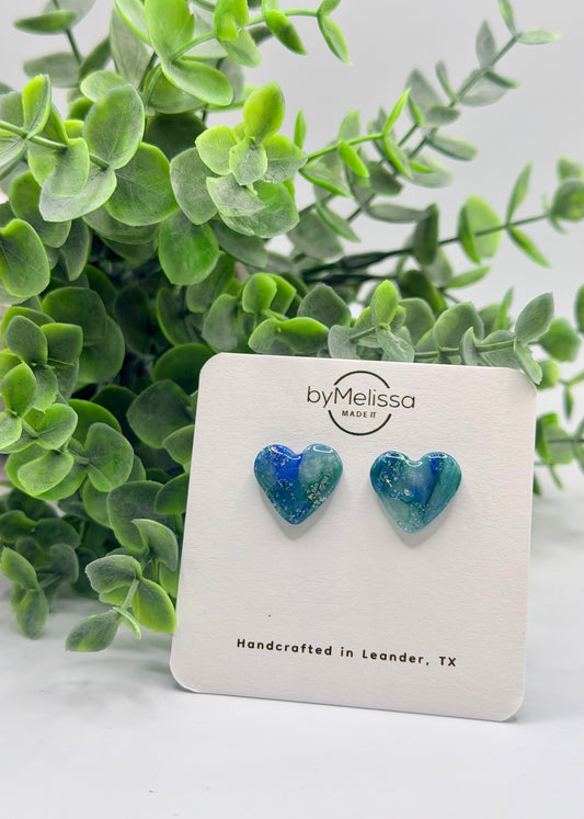 Forest Green and Blue Heart Stud Earrings