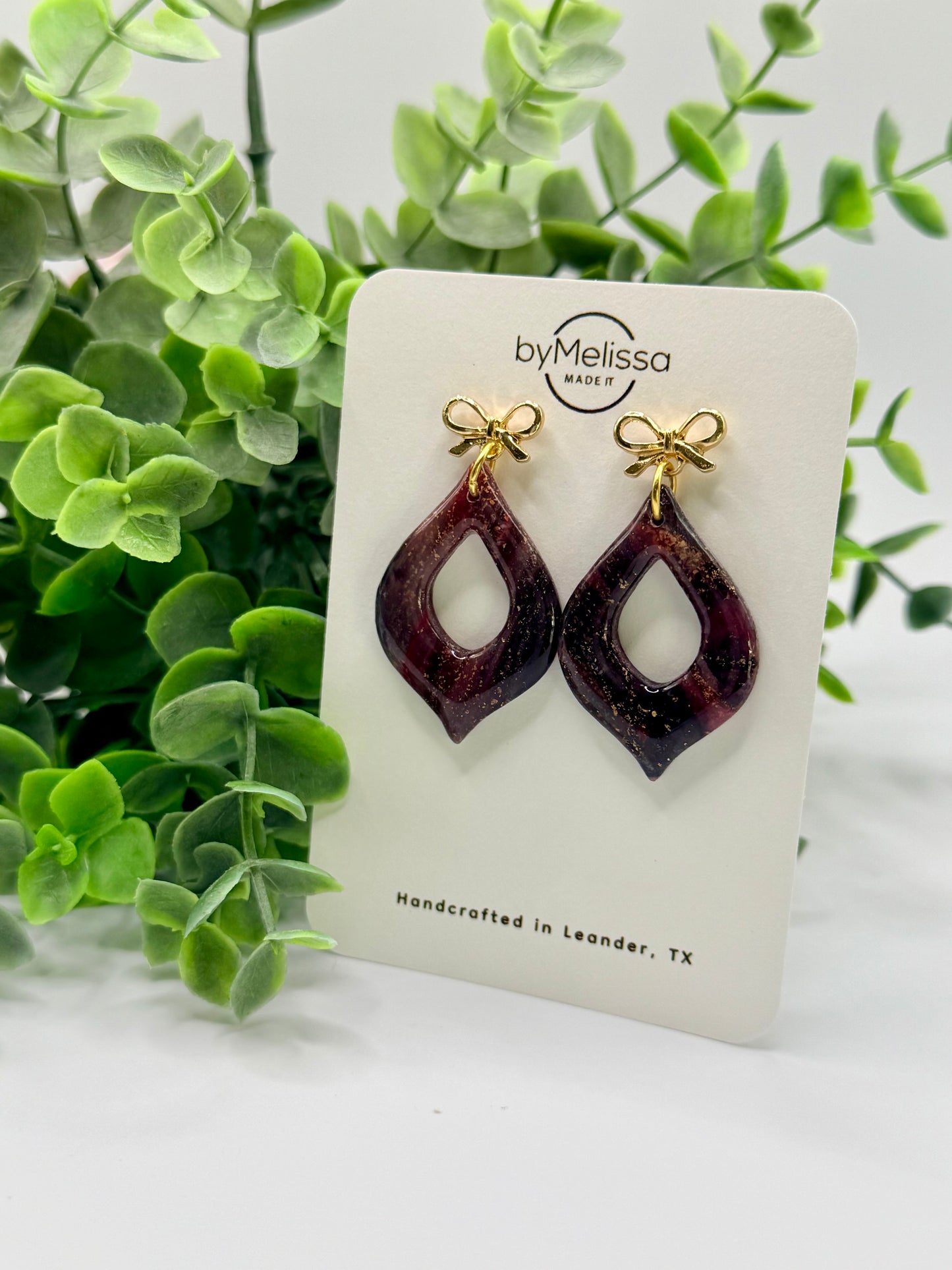 Maroon and Black Flame Drop with Gold Petite Bows