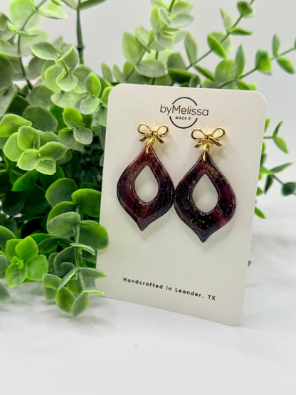 Maroon and Black Flame Drop with Gold Petite Bows