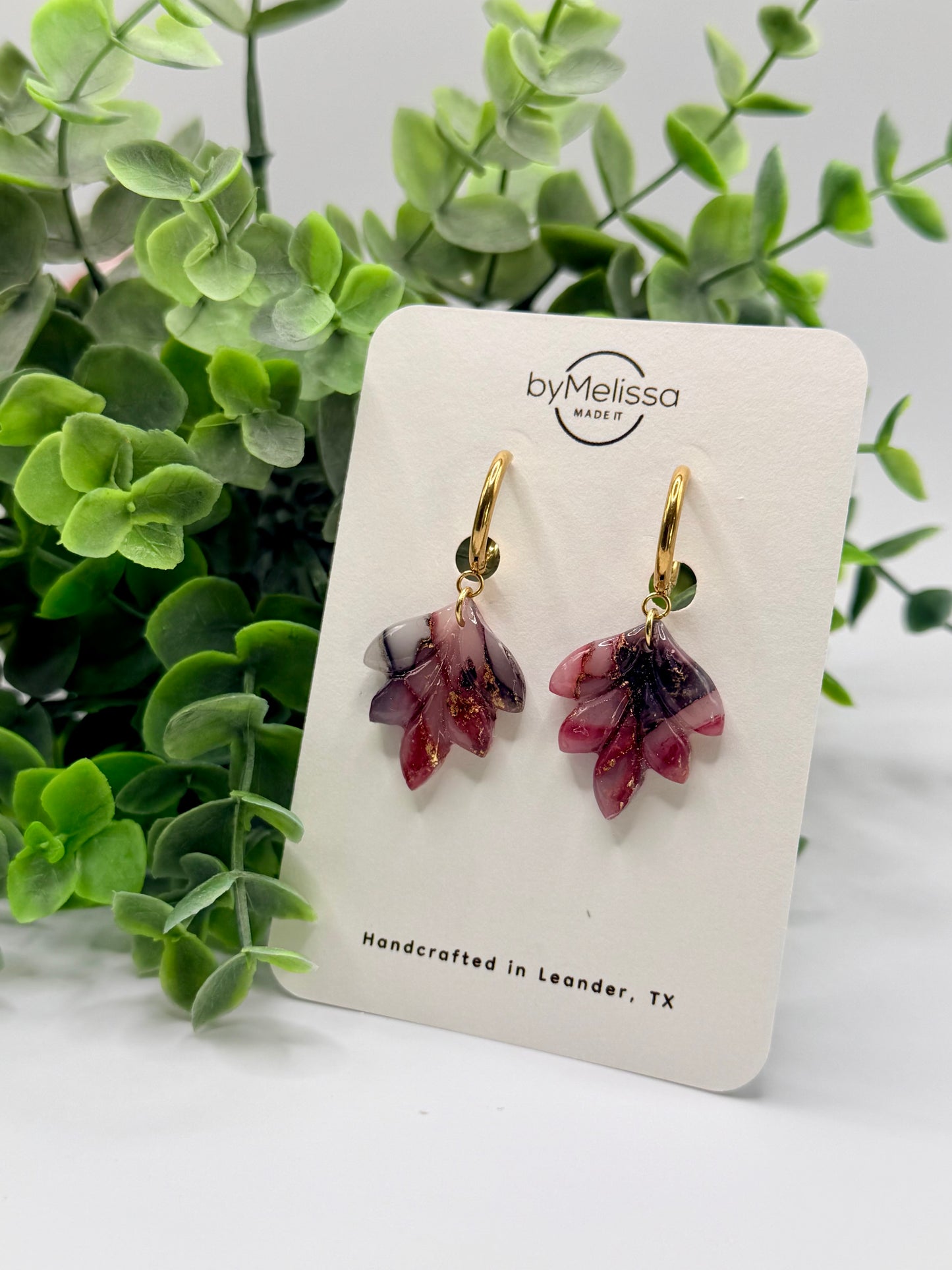 Maroon and Black Small Feather Huggies in Gold