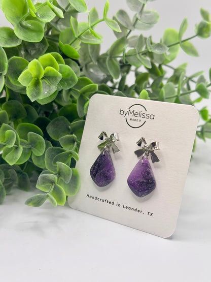 Purple and Black Petite Kite Earrings with Silver Bow Studs