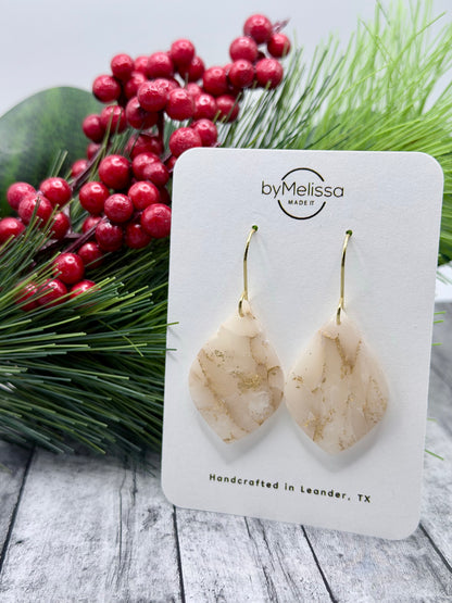 White and Gold Small Wide Leaf Drop Earrings
