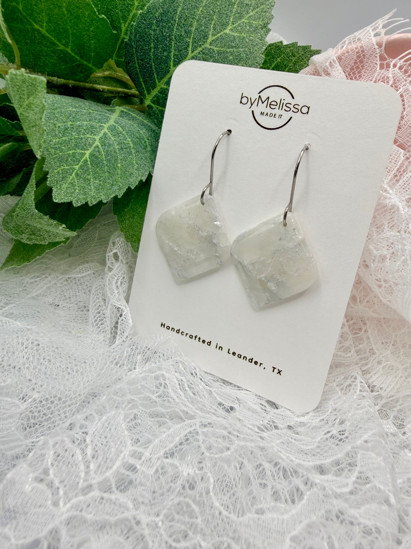 White and Silver Rounded Square Drop Earrings