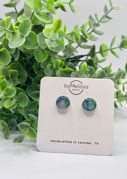 Forest Green and Blue Circle Bezel Stud Earrings