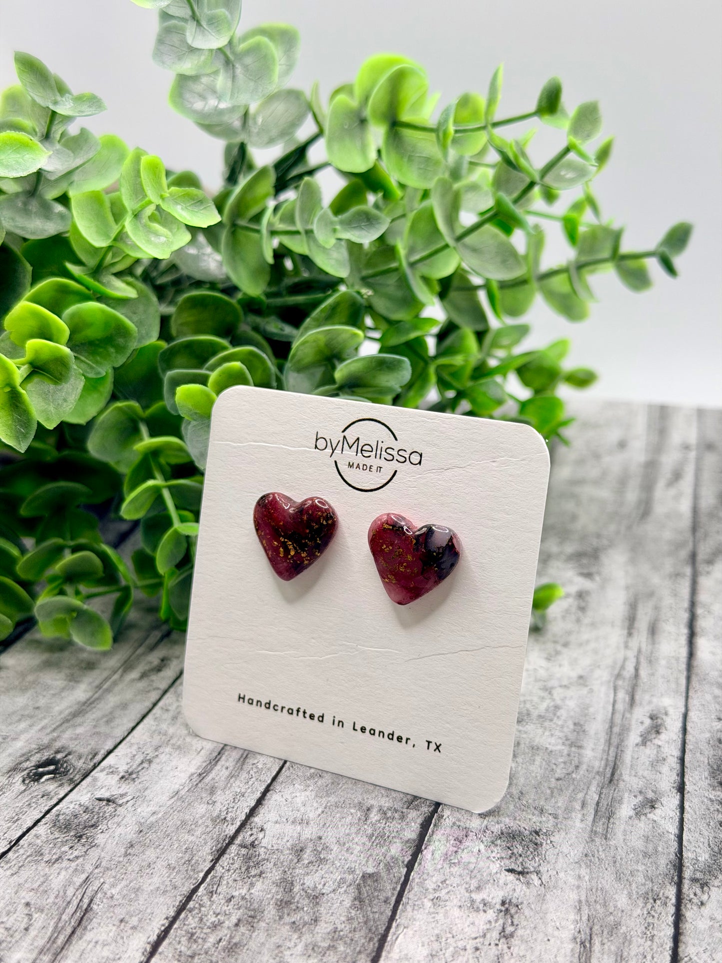 Maroon and Black Heart Stud Earrings