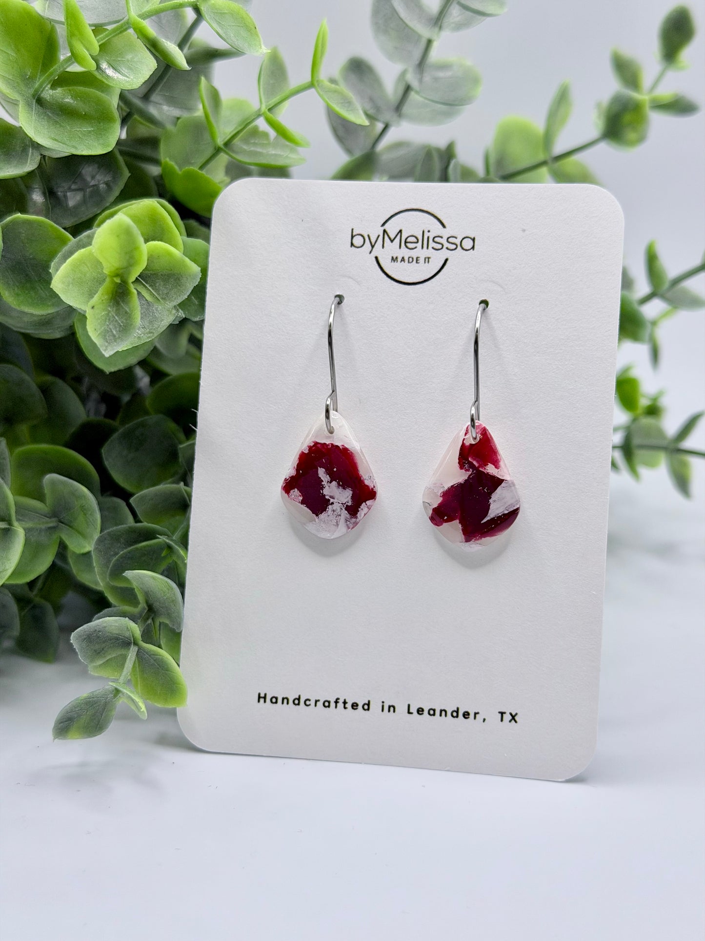 Maroon and White Petite Kite Drop Earrings in Silver