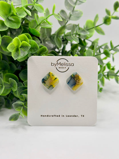 Navy and Gold Round Square Stud Earrings