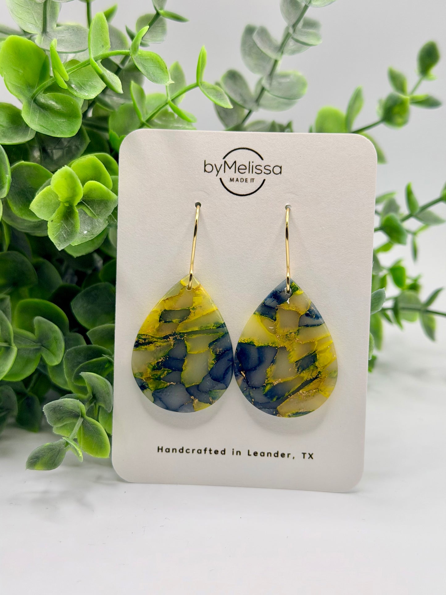 Navy and Gold Small Wide Teardrop Drop Earrings in Gold