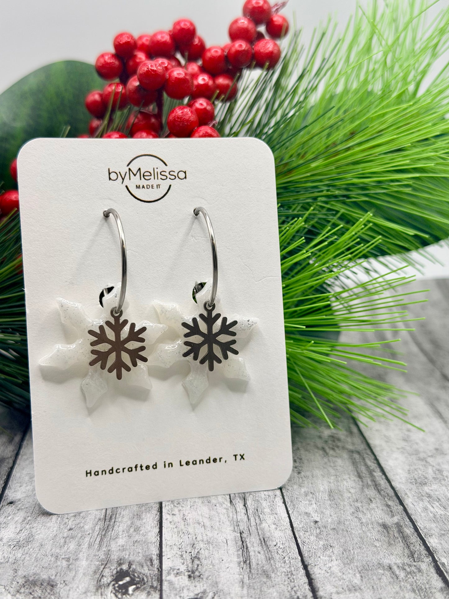 White and Silver Snowflake Hoop Earrings with Snowflake Charm