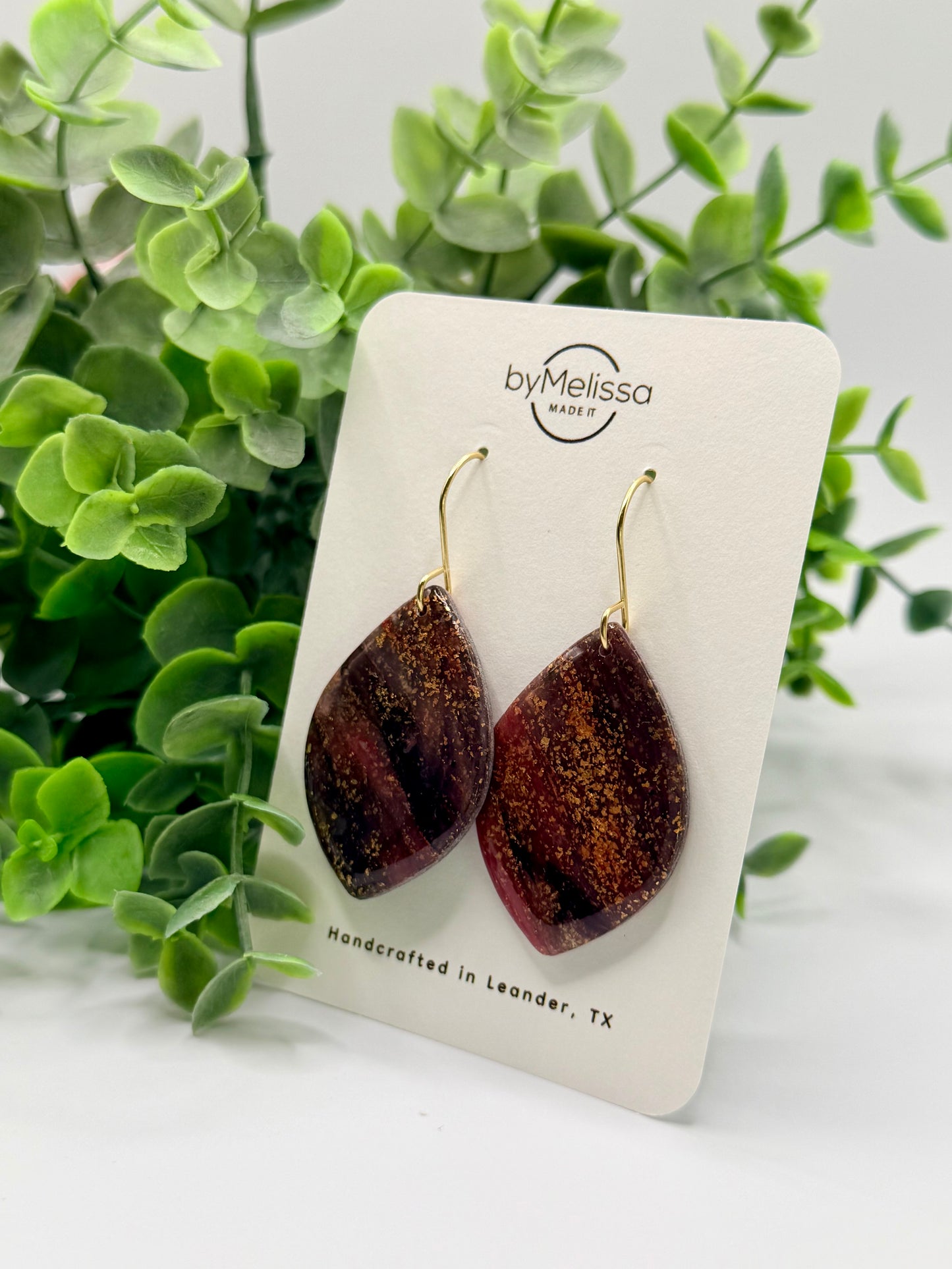 Maroon and Black Large Wide Leaf Drop Earring