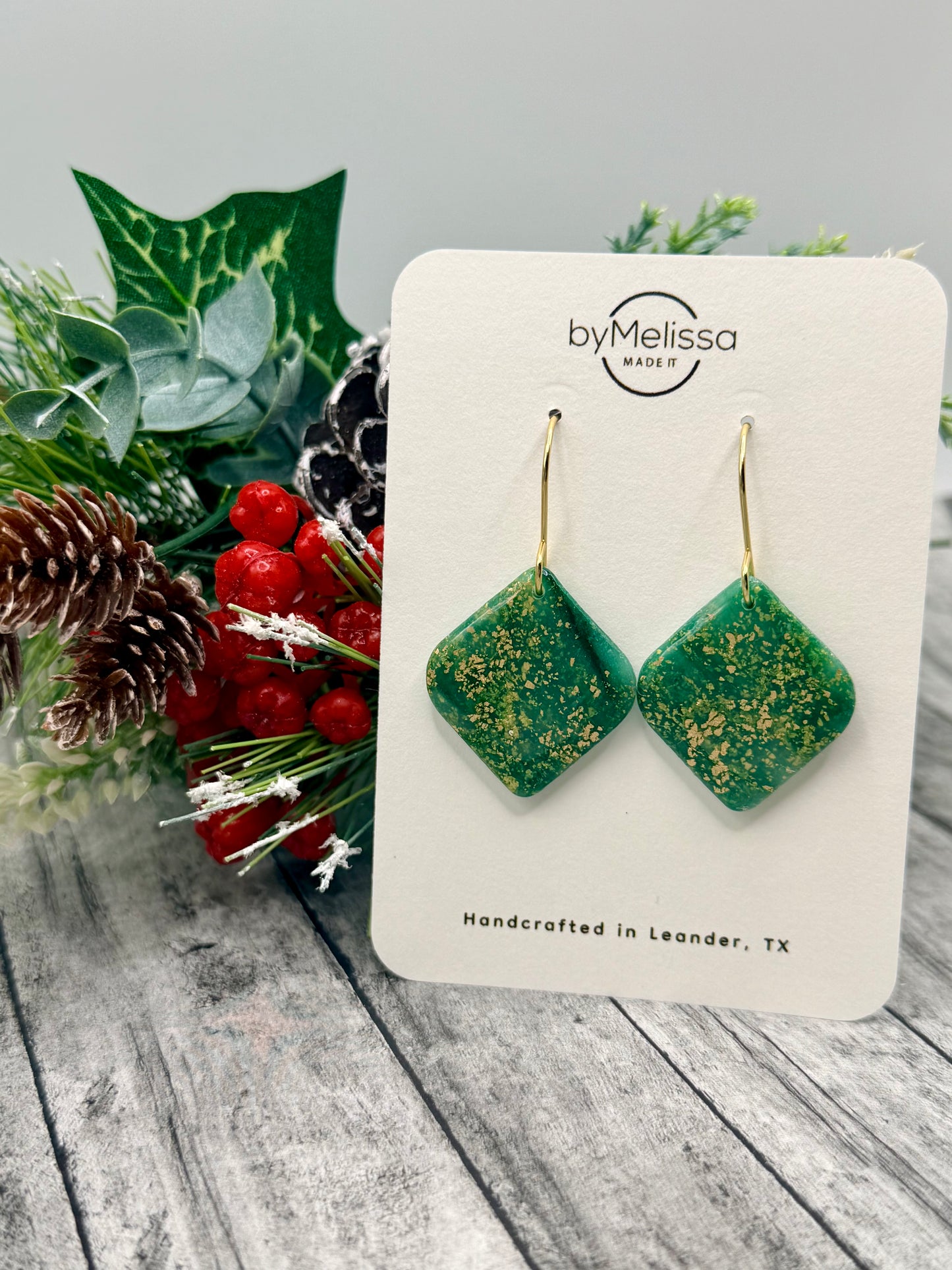 Green and Gold Small Rounded Square Drop Earrings