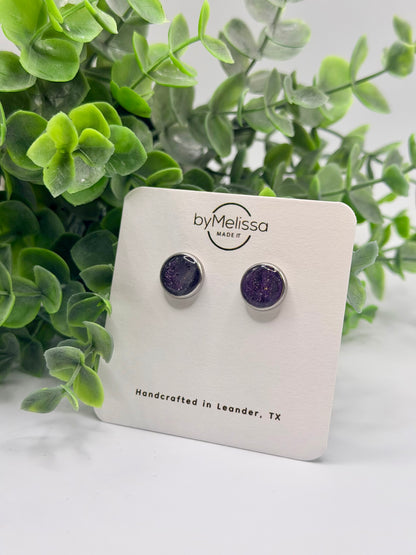 Purple and Black Circle Bezel Stud Earrings in Silver
