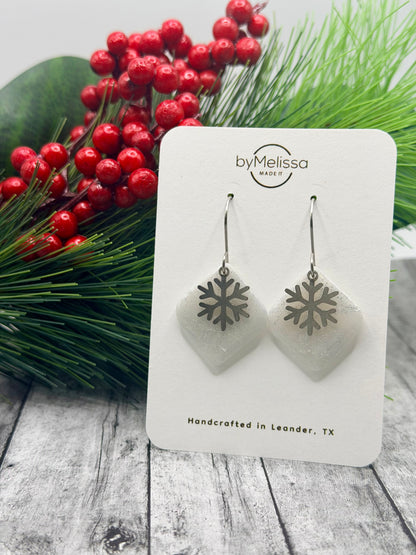 White and Silver Rounded Square Drop Earrings with Snowflake Charm