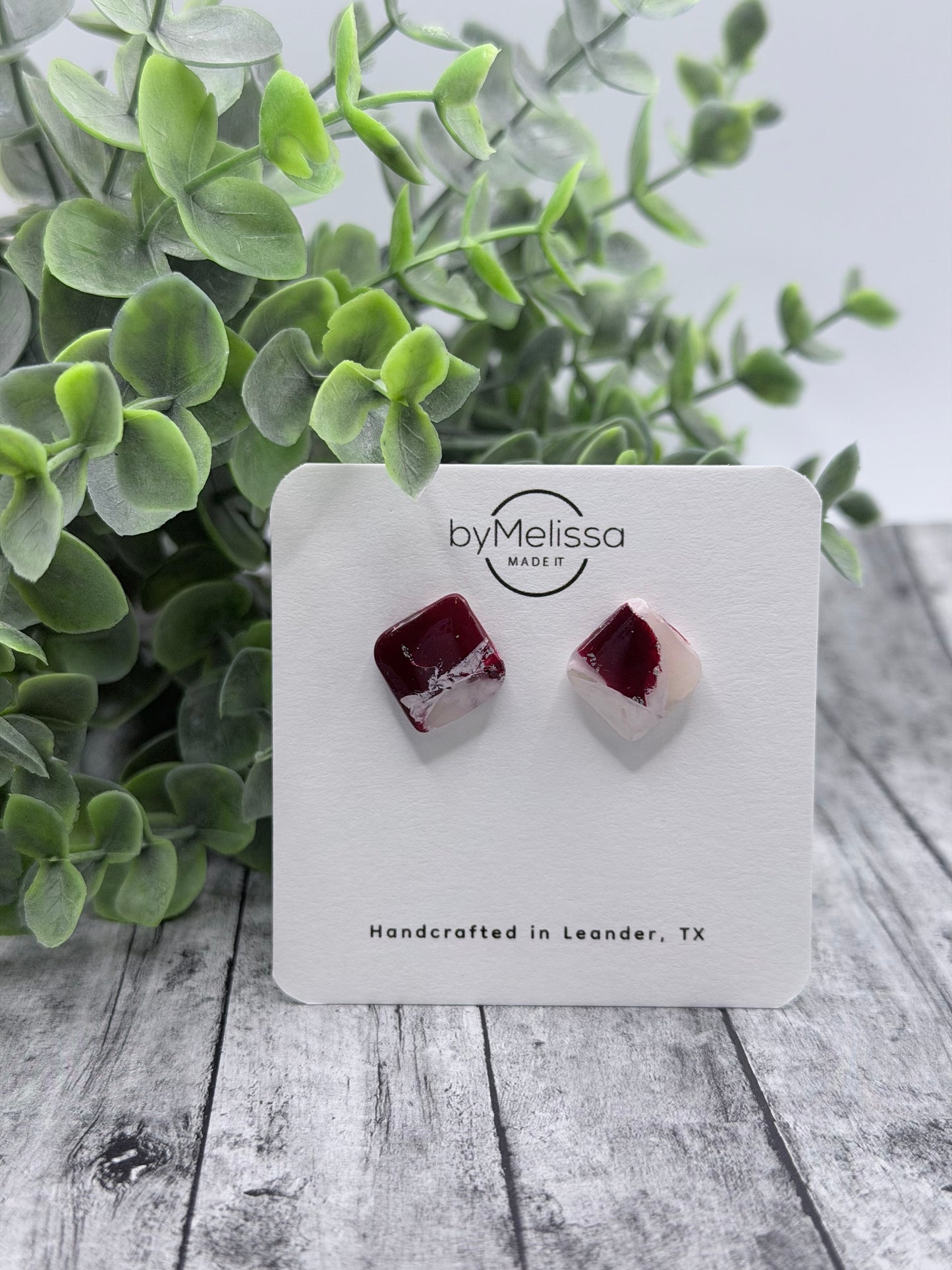 Maroon and White Rounded Square Stud Earrings