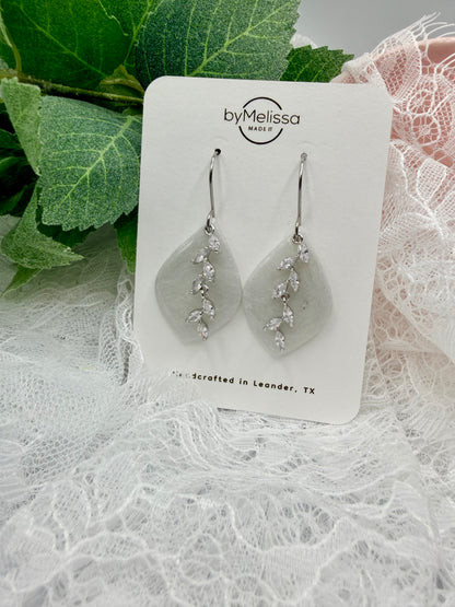 White and Silver Small Wide Leaf Drop Earrings with Trellis Charm