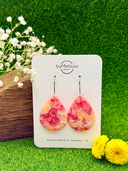 Red and Orange Small Wide Teardrop Drop Earrings in Silver