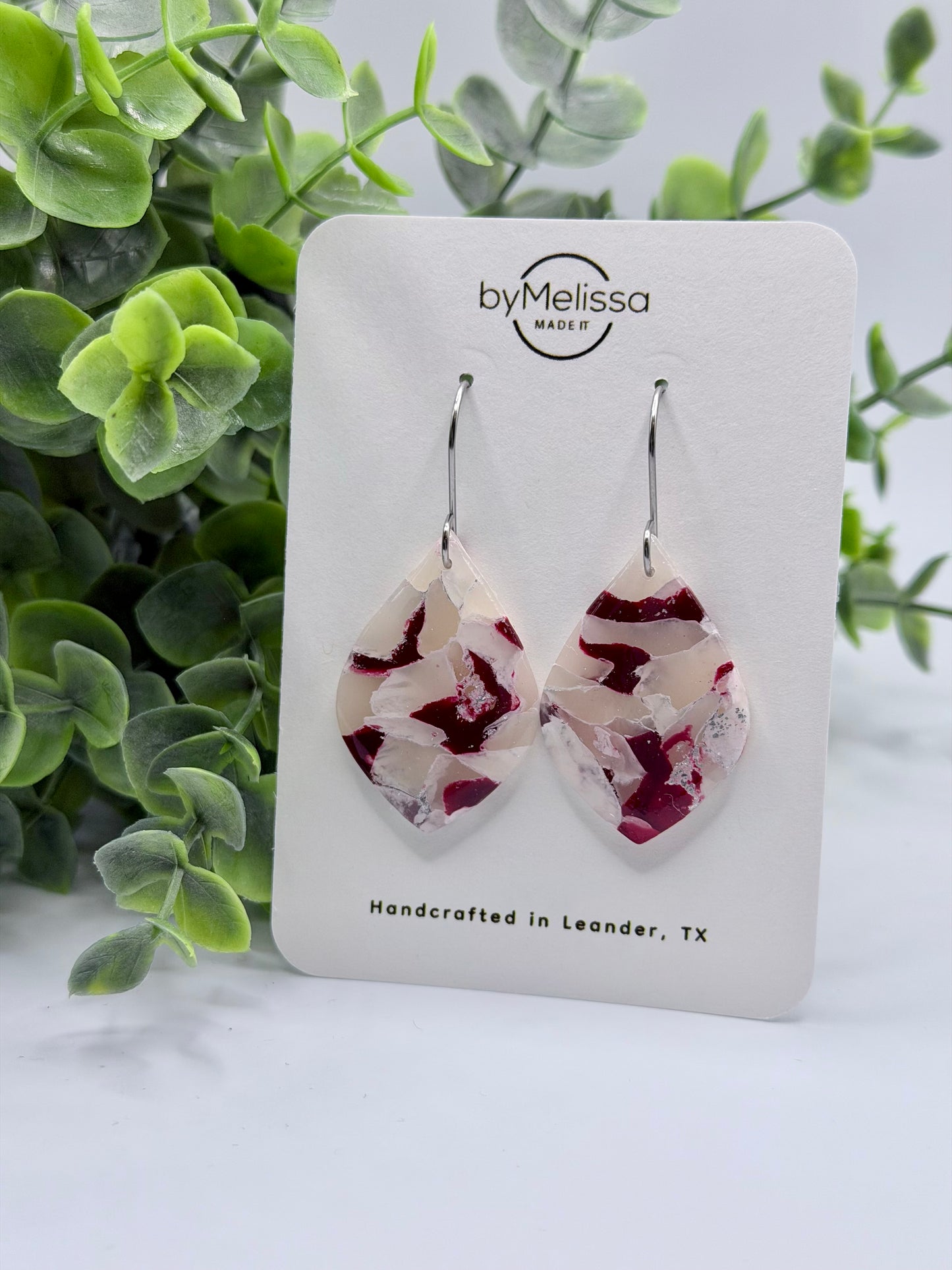 Maroon and White Small Wide Leaf Drop Earrings in Silver