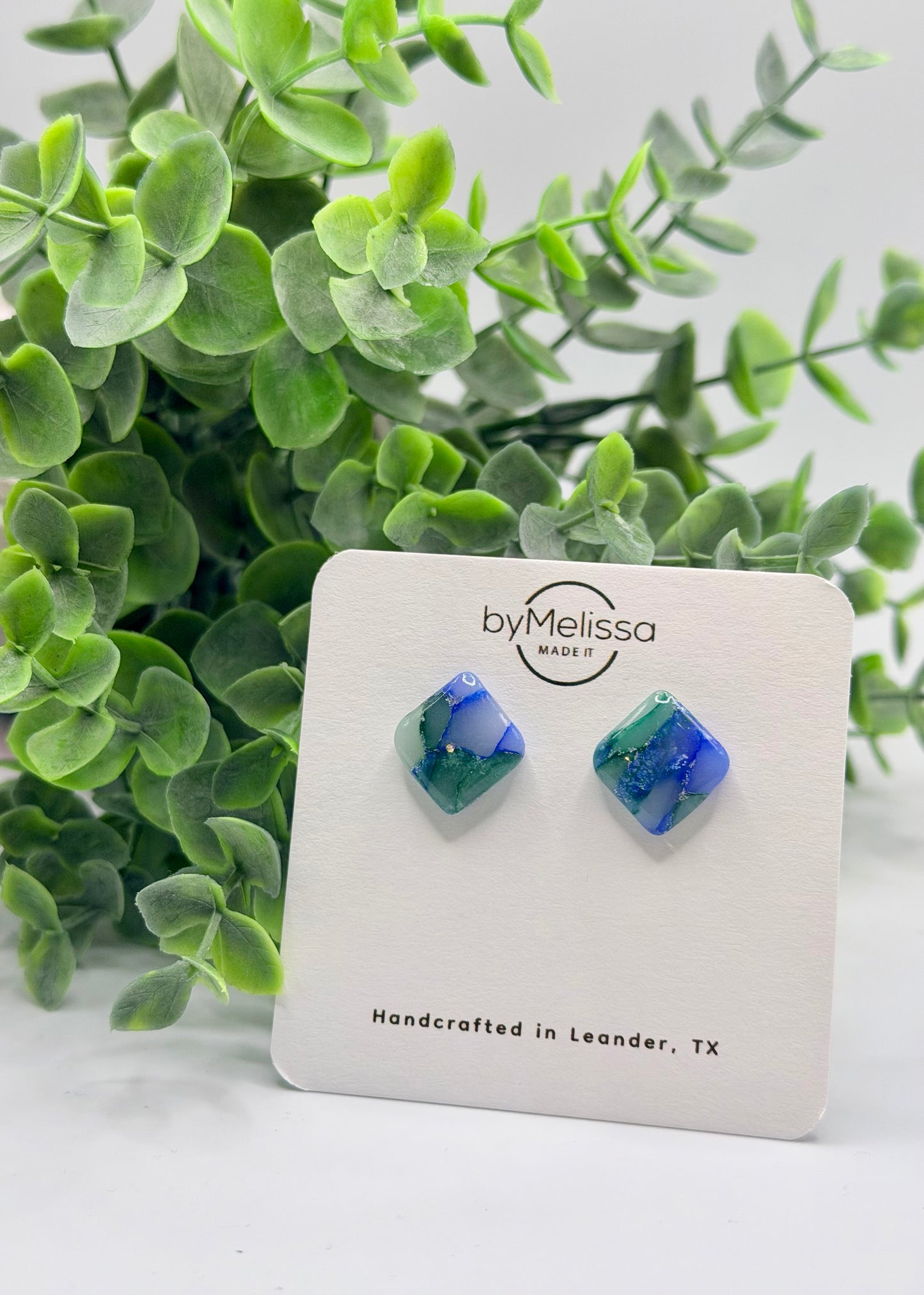 Forest Green and Blue Rounded Square Stud Earrings
