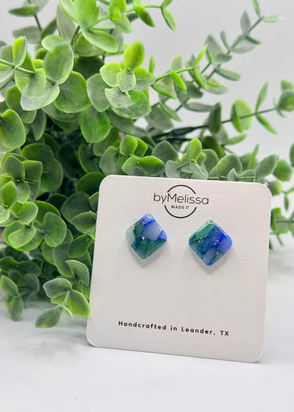 Forest Green and Blue Rounded Square Stud Earrings