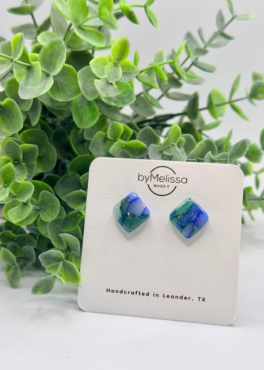 Forest Green and Blue Rounded Square Stud Earrings