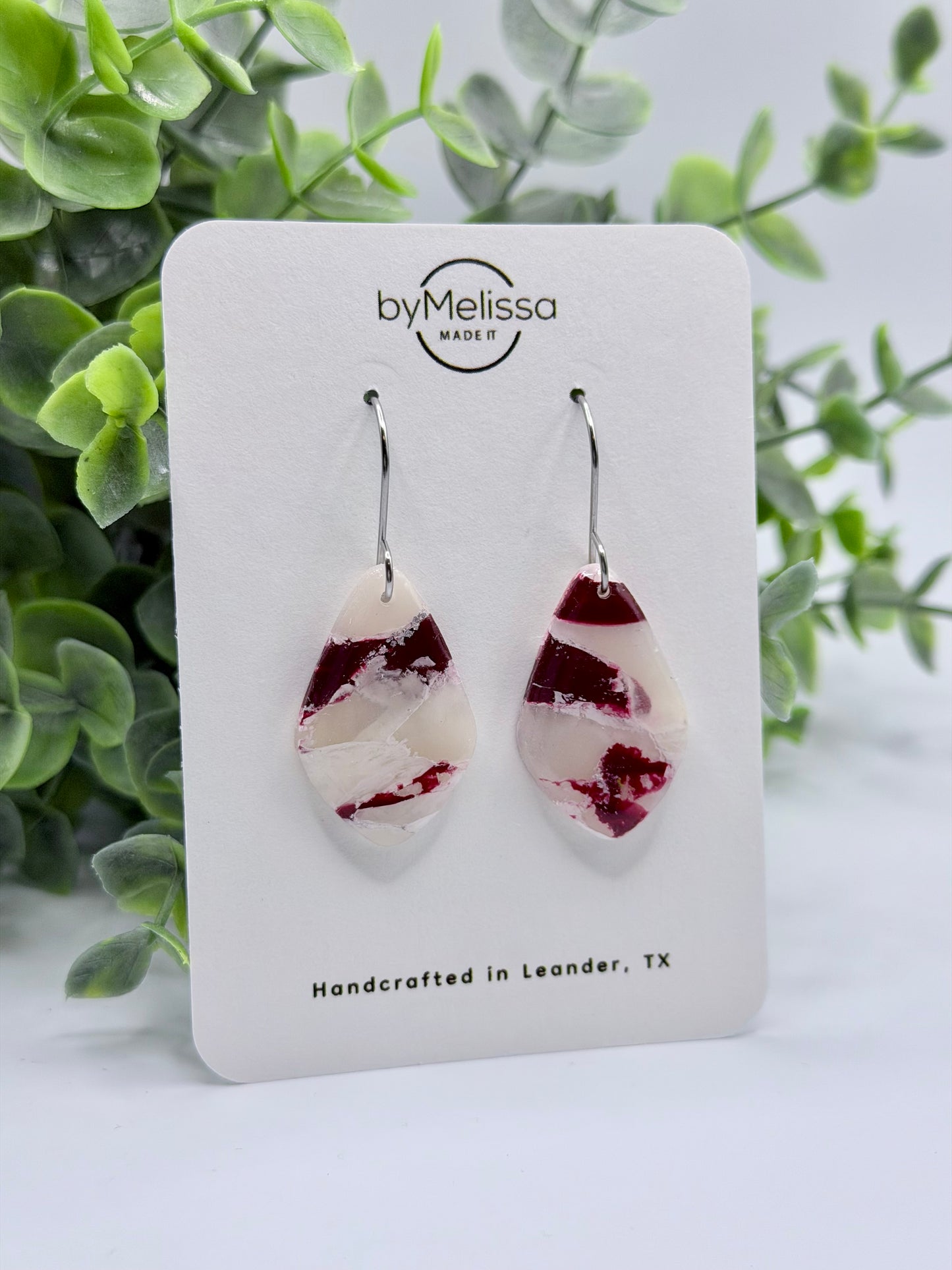 Maroon and White Small Kite Drop Earrings in Silver