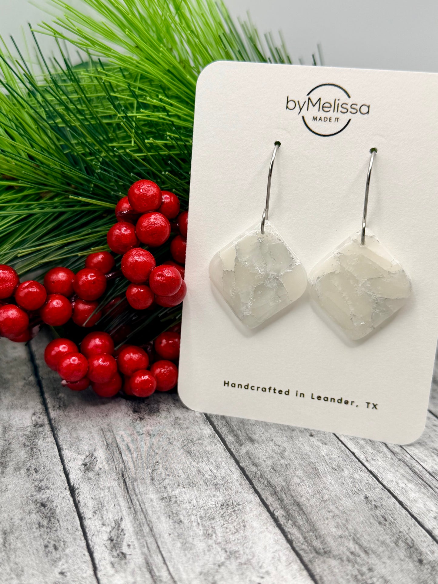 White and Silver Rounded Square Drop Earrings