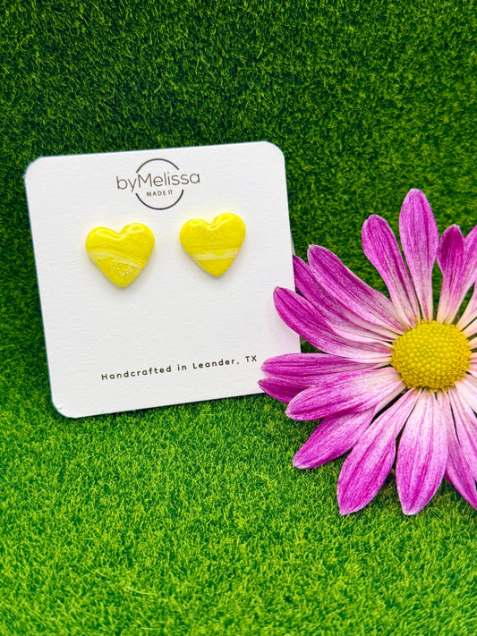 Yellow and White Heart Stud Earrings