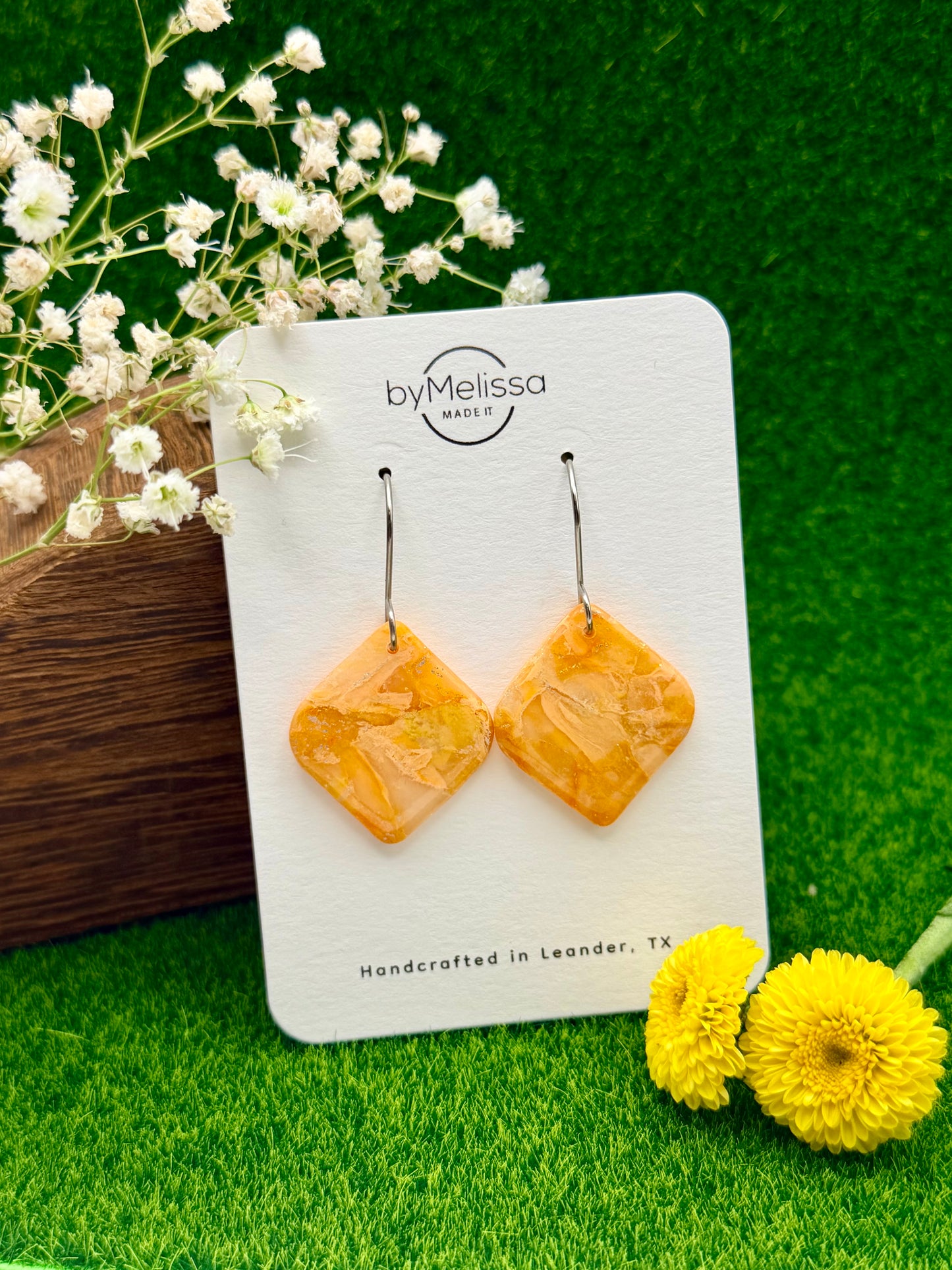 Orange Small Rounded Square Drop Earrings in Silver
