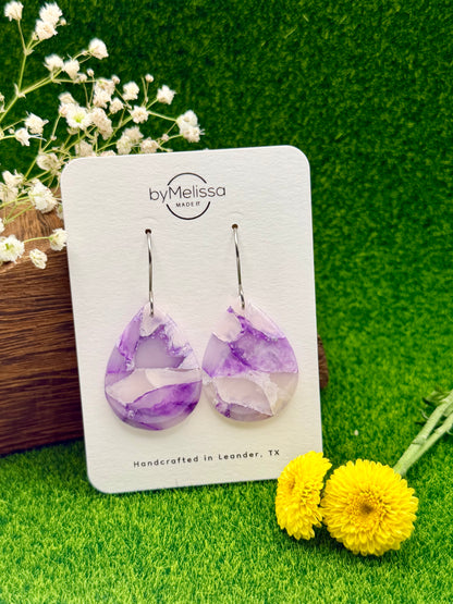 Purple and White Small Wide Teardrop Drop Earrings in Silver