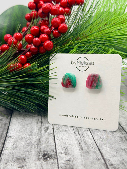 Red and Green Small Embedded Polygon Stud Earrings