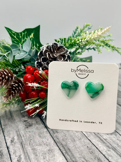 Green and Gold Heart Stud Earrings