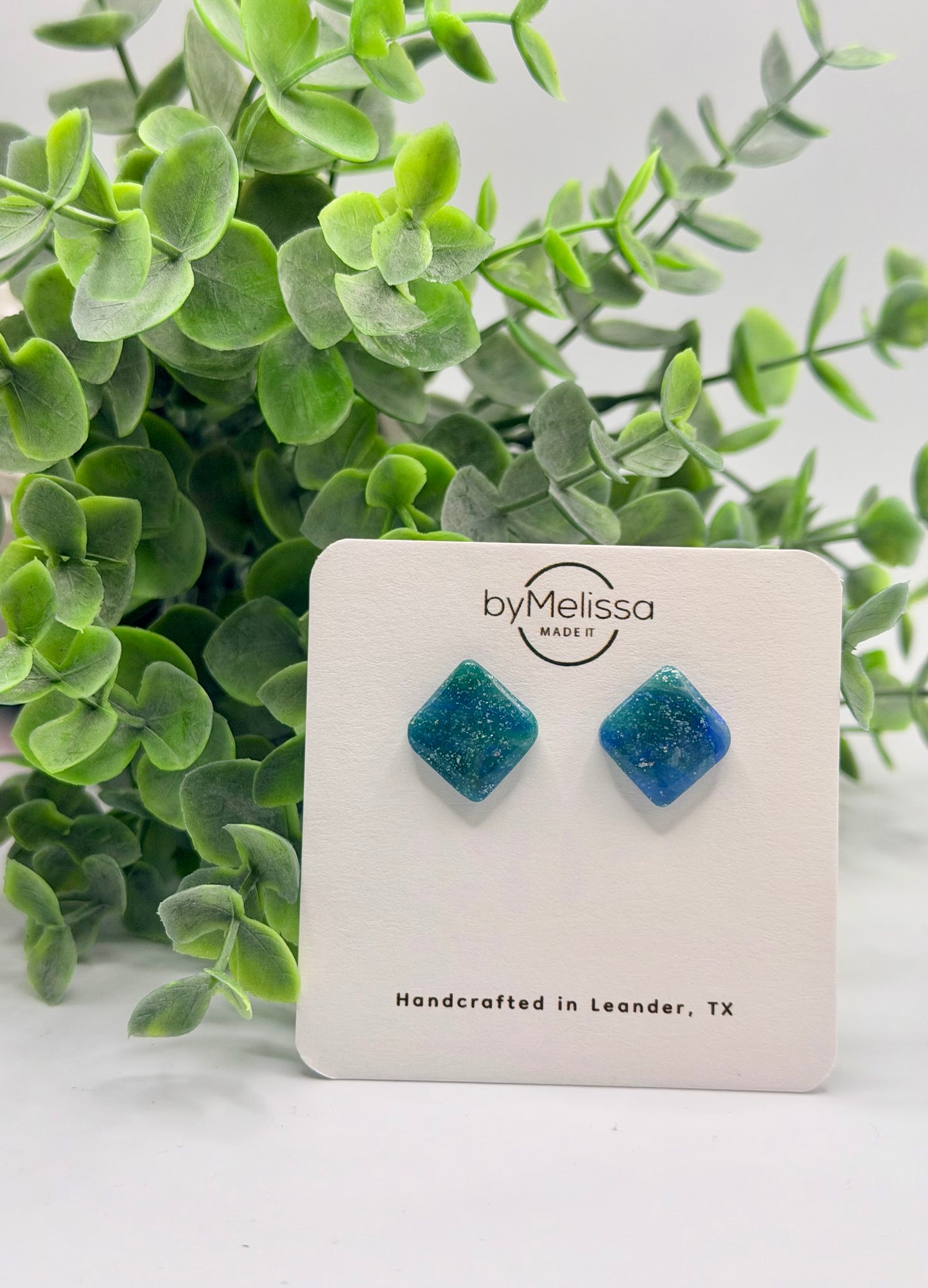 Forest Green and Blue Rounded Square Stud Earrings