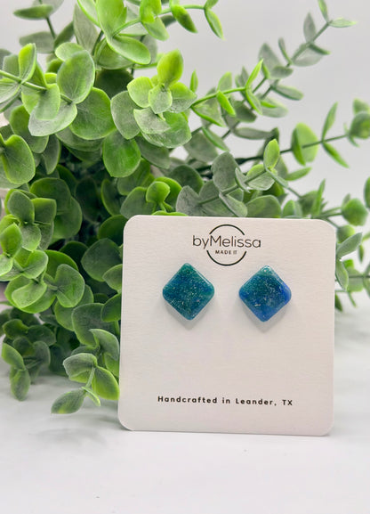 Forest Green and Blue Rounded Square Stud Earrings