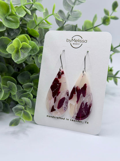 Maroon and White Small Teardrop Drop Earrings in Silver