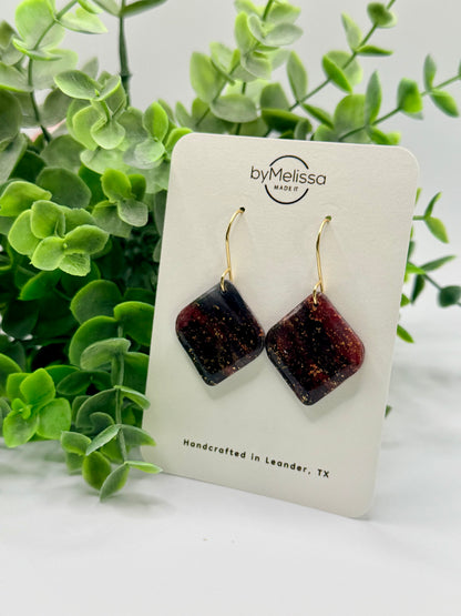Maroon and Black Rounded Square Drop Earrings in Gold