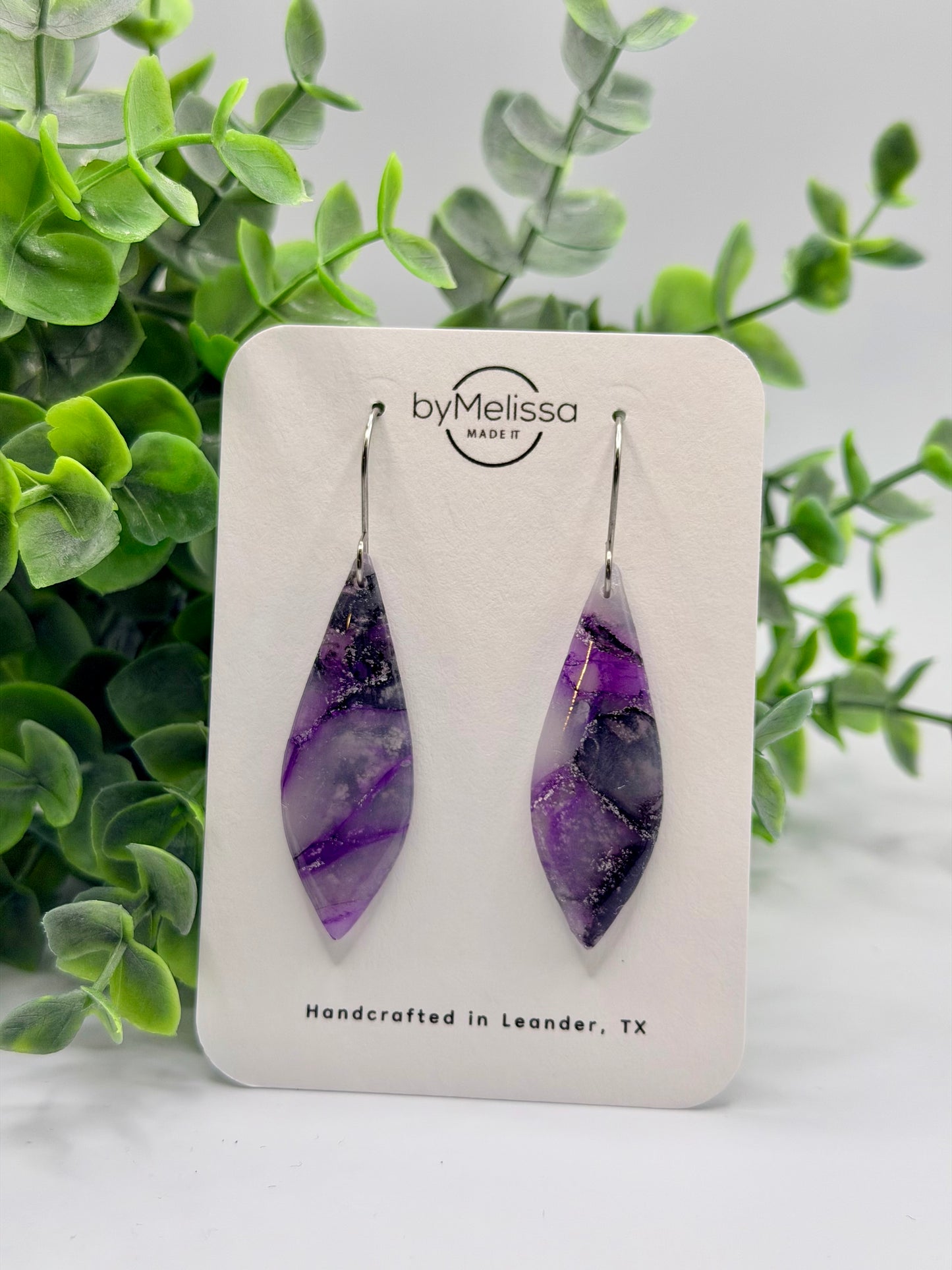 Purple and Black Small Elongated Kite Drop Earrings in Silver