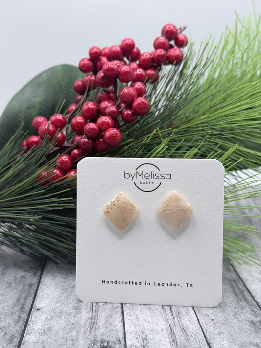 White and Gold Rounded Square Stud Earrings
