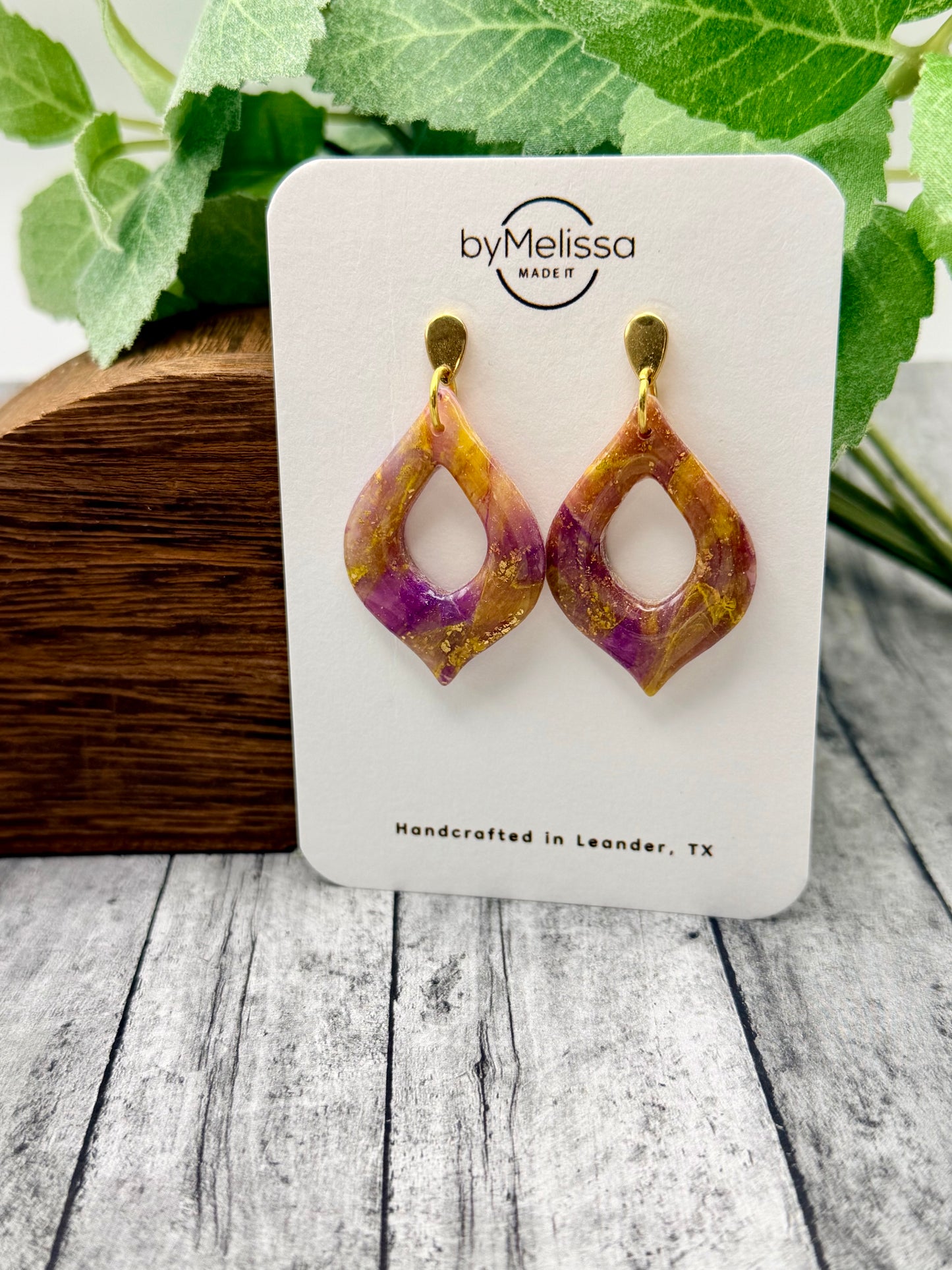 Purple and Gold Flame Drop with Gold Teardrop Studs